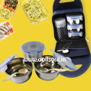 Dollsoul All-in-One Stainless Steel Lunch Box Set with Bottle Insulated Fabric Lunch Bag